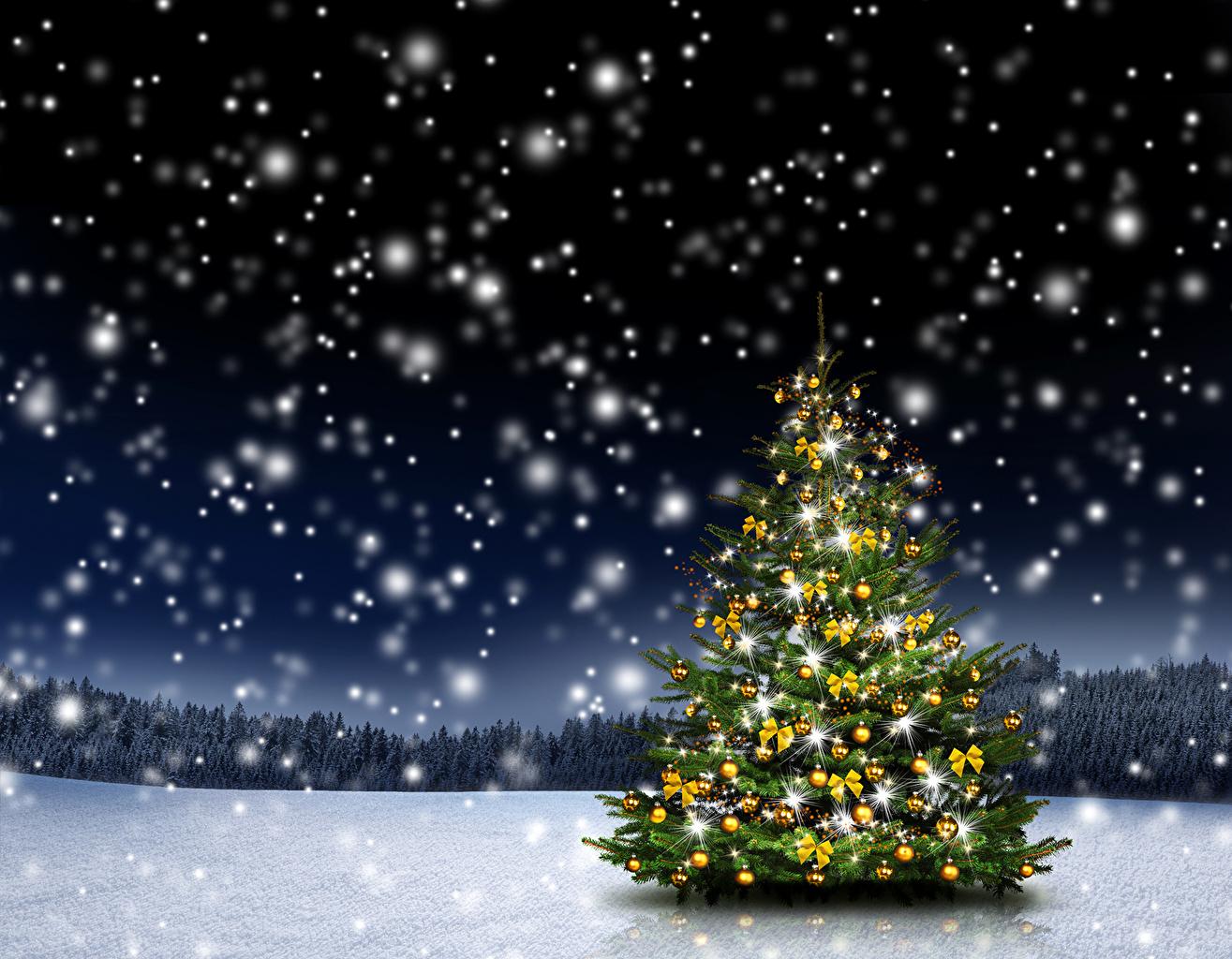 Картинка Рождество Зима Елка Природа Леса снеге Шар в ночи Праздники