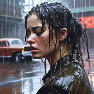 Девушка в красном плачет под дождем» — создано в Шедевруме