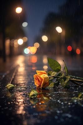 Город ночь дождь дорога мокрая от дождя уличные фонари несколько роз  сгенерированное ai изображение | Премиум Фото