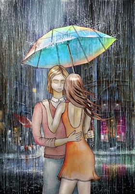 Пара гуляет под дождем с зонтом | Премиум Фото