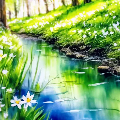 Весенний ручей, Рем Сайфульмулюков- картина, весна, лес, ручей, тает снег,  реализм, пейзаж