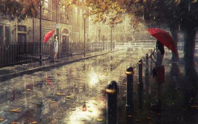 Скачать обои аниме, дождь, зонт, зонтик, городской пейзаж разрешение  1440x900 #153330