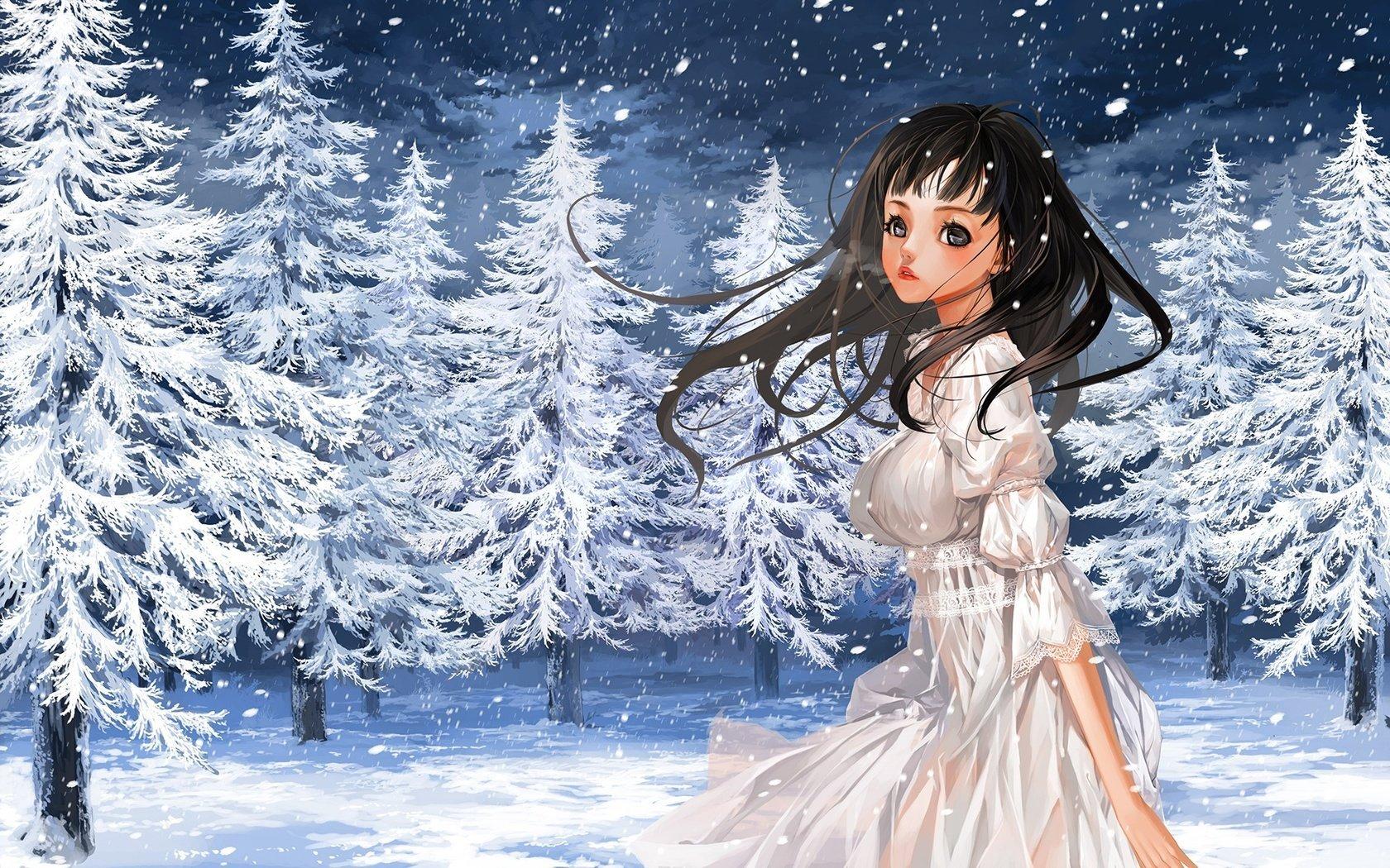 Обои улица, снег, фонари, деревья, белый, девушка, зима на рабочий стол