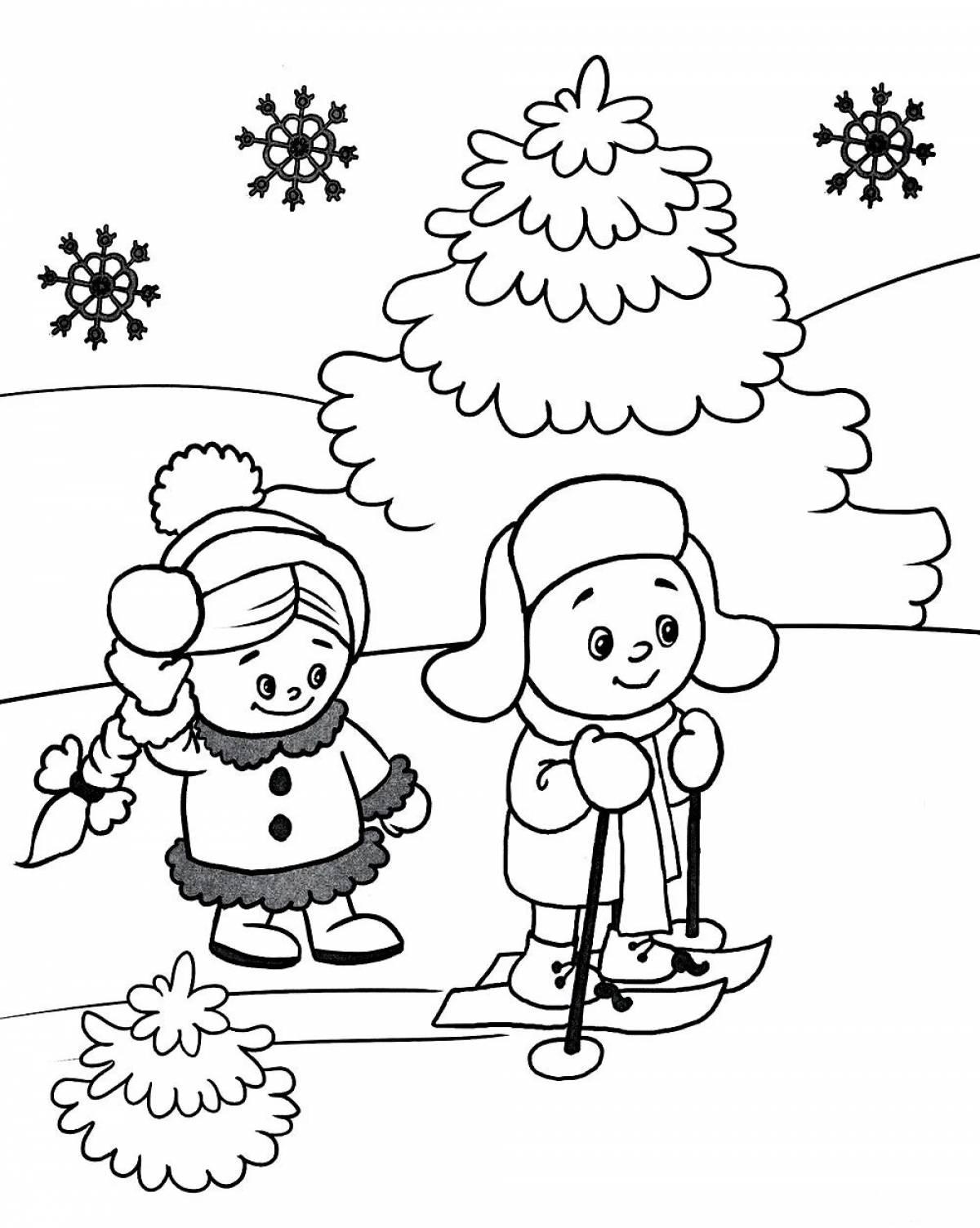 Раскраска. Раскраски для детей. зима. скачать бесплатно, дед мороз в санях,  подарки, елка, падает снег