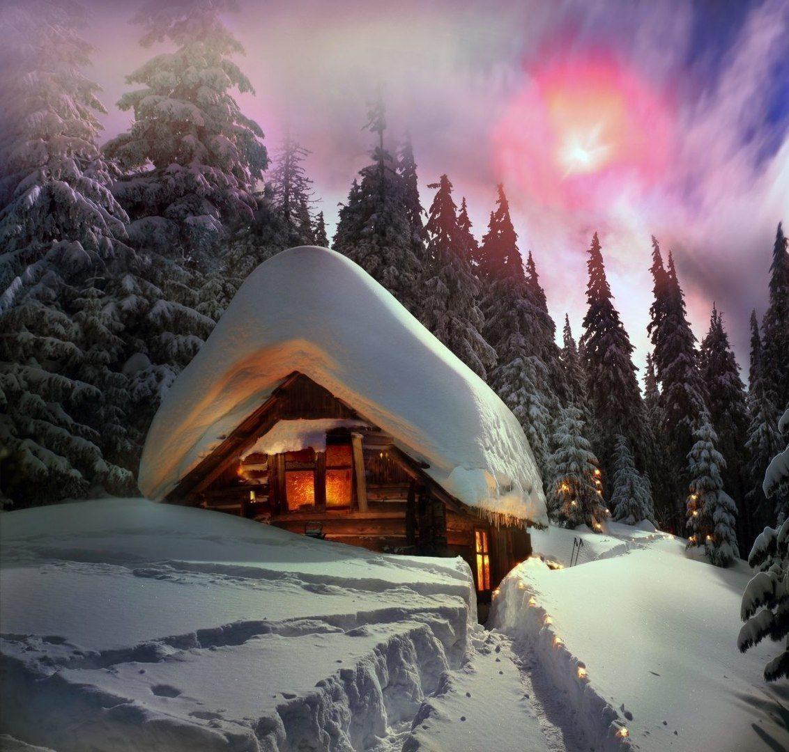 Домик, Михаил Бровкин- картина, зима, домик в деревне, березки, пейзаж