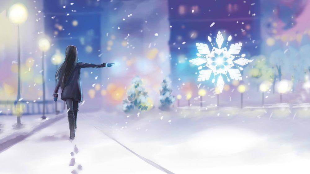 Скачать обои зима, девушка, свет, снег, арт, фонарь, сидя, раздел живопись  в разрешении 3572x2674