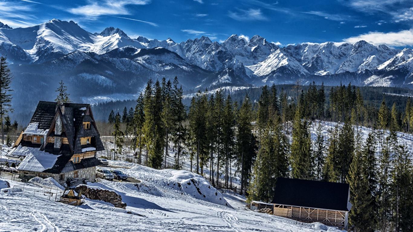 Фотографии Словакия Tatra mountains гора Зима Природа лес 1366x768