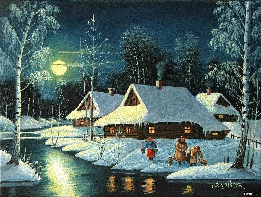 Зимняя ночь в деревне рисунок - 75 фото