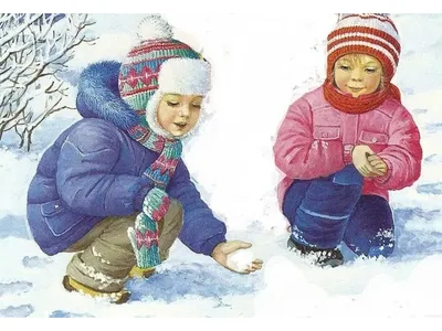 Дети играют зимой — раскраска для детей. Распечатать бесплатно.
