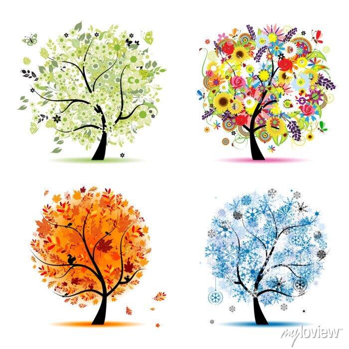 Четыре сезона - весна, лето, осень, зима. искусство деревья фотообои •  фотообои рябина, подсолнечник, снежинка | myloview.ru