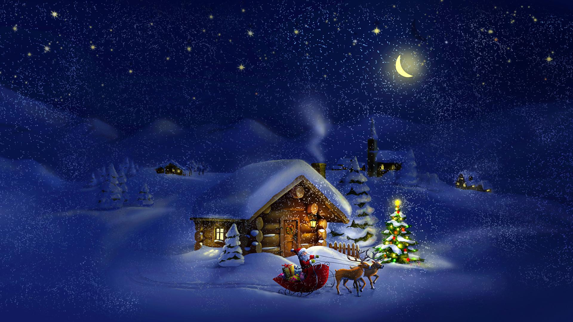 Фото Олени Новый год Зима Елка Природа Дед Мороз Снег Луна 1920x1080