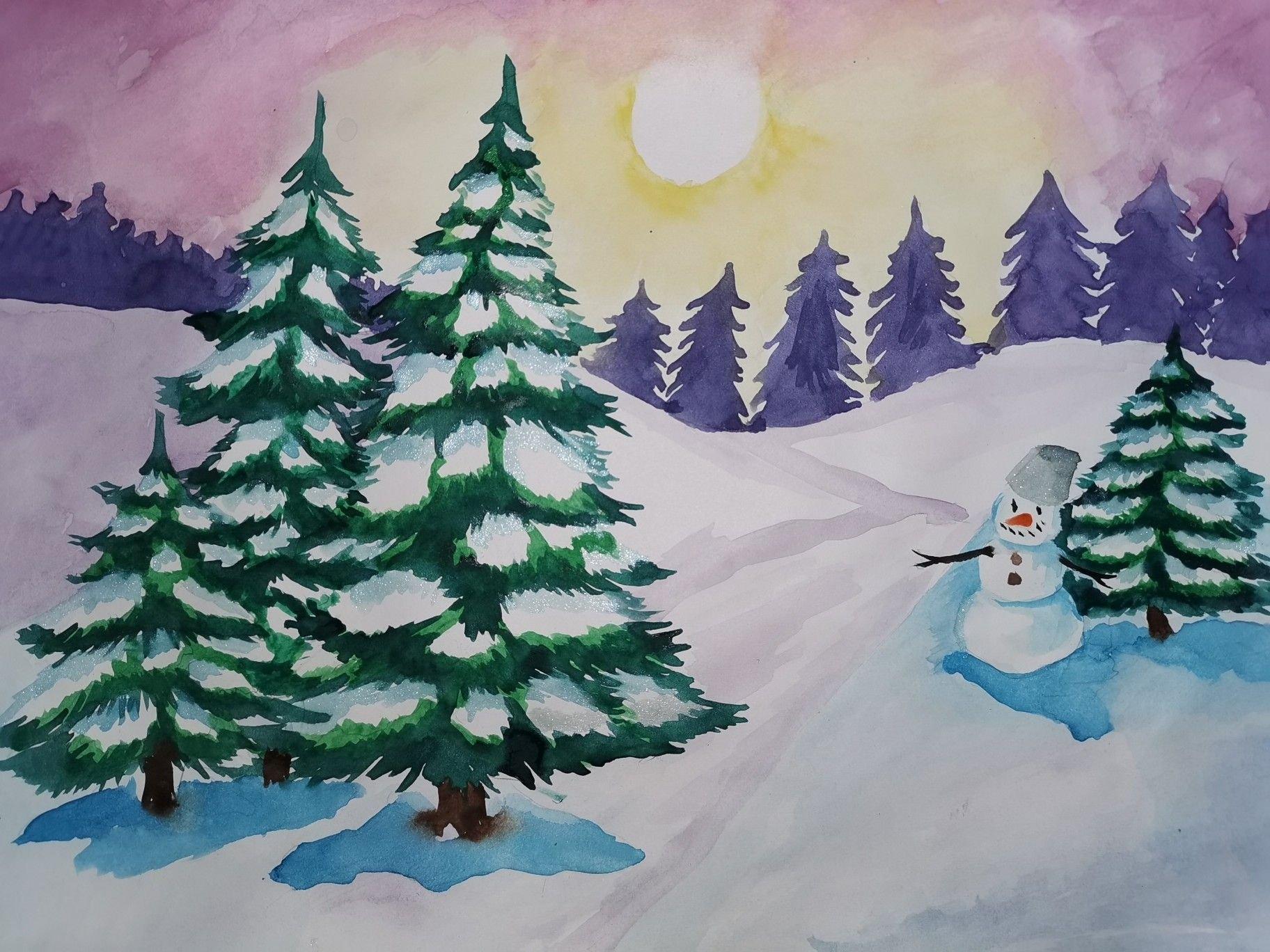 Рисунки зимнего пейзажа для срисовки (68 фото)