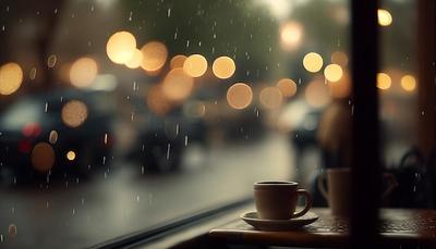 Чашка кофе стоит в окне под дождем. | Премиум Фото