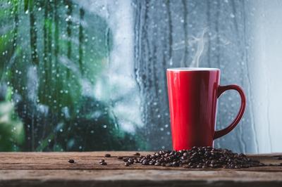 Красная чашка кофе у окна и дождь на тропическом растении | Премиум Фото