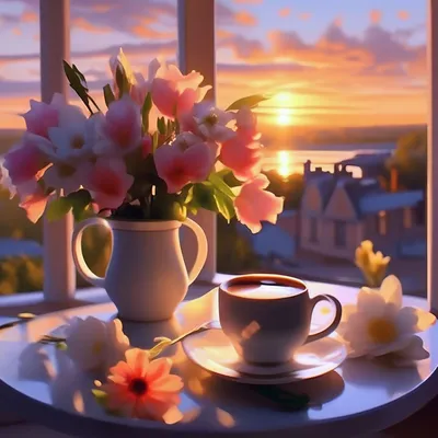 Доброе утро, кофе, цветы, рассвет, …» — создано в Шедевруме