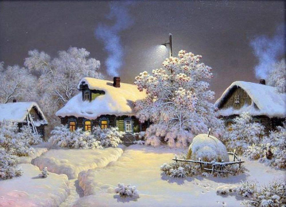 Зимний вечер с уютной деревенской избушкой | Красивый зимний пейзаж Фото  №1384262 скачать