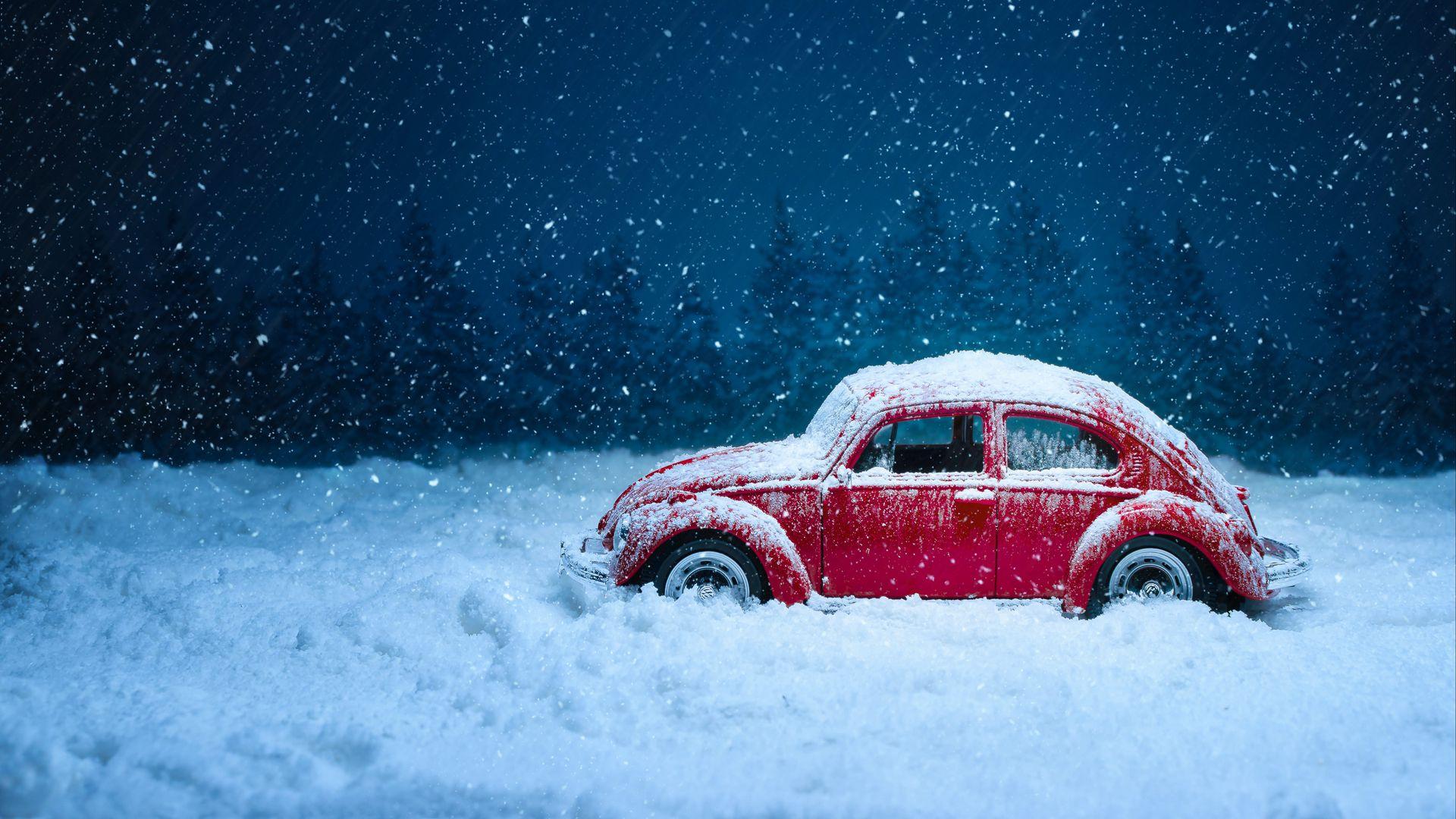 Скачать 1920x1080 автомобиль, ретро, зима, снег, снегопад, винтаж, красный,  старый обои, картинки full hd, hdtv, fhd, 1080p