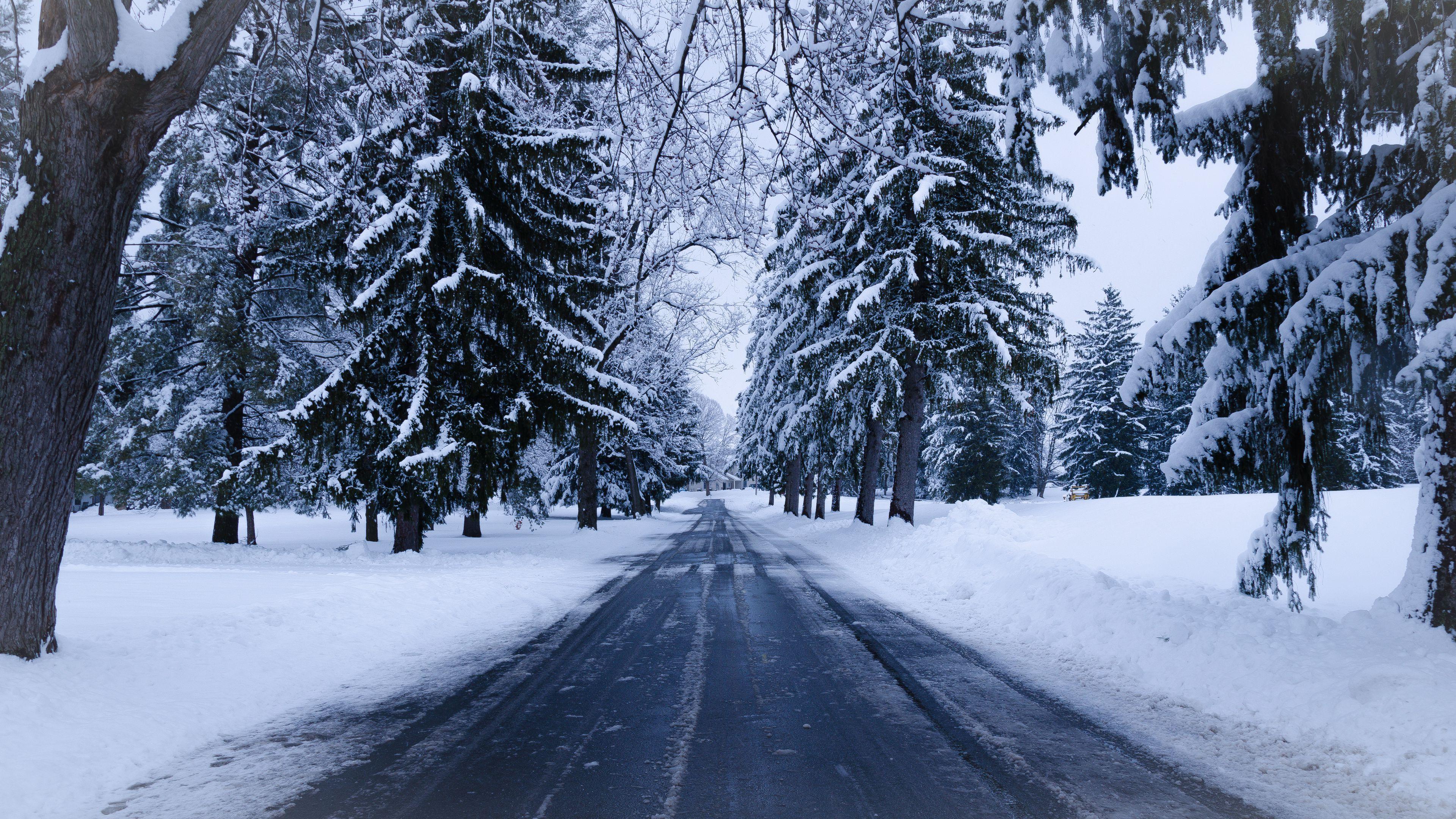 Скачать 3840x2160 зима, дорога, снег, деревья, зимний пейзаж обои, картинки  4k uhd 16:9