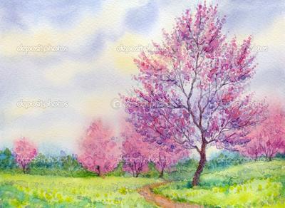 Акварель весенний пейзаж. Цветущее дерево в поле | Watercolor landscape,  Landscape art quilts, Spring landscape