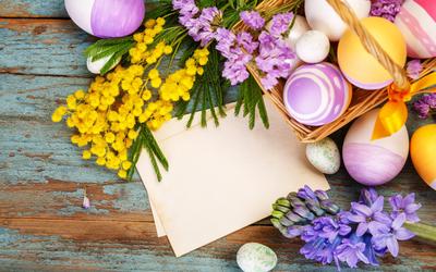 Обои Весна, Пасха, разноцветные яйца, цветы 3840x2160 UHD 4K Изображение