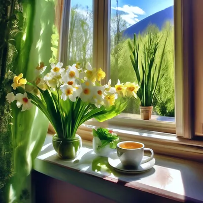 Солнечная весна за окном. Окно в доме на фоне зеленых растений. Лучи солнц  проникают дом Стоковое Фото - изображение насчитывающей природа, парк:  183089408