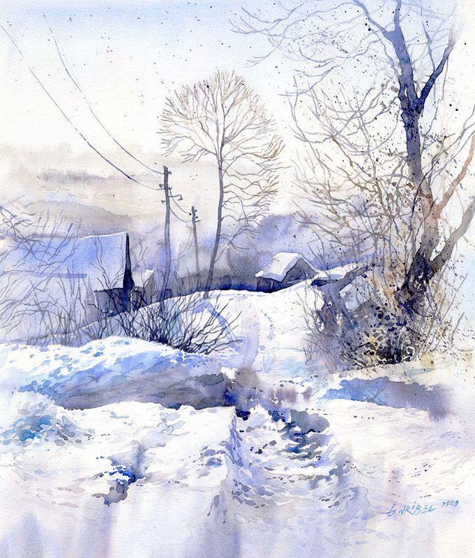 Акварель. Зимние пейзажи | Пейзажи, Художественная роспись, Акварельный  пейзаж