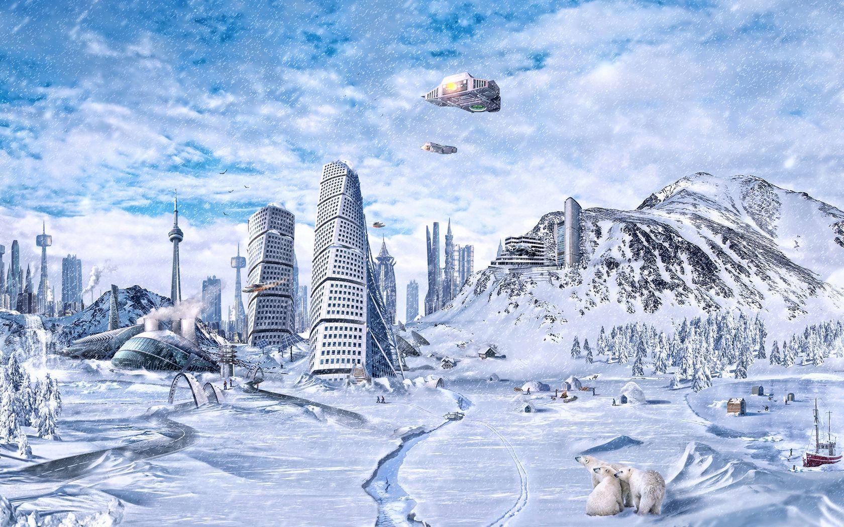 Картинки фэнтези, зима, природа, горы, космос, красиво - обои 1600x900,  картинка №122916