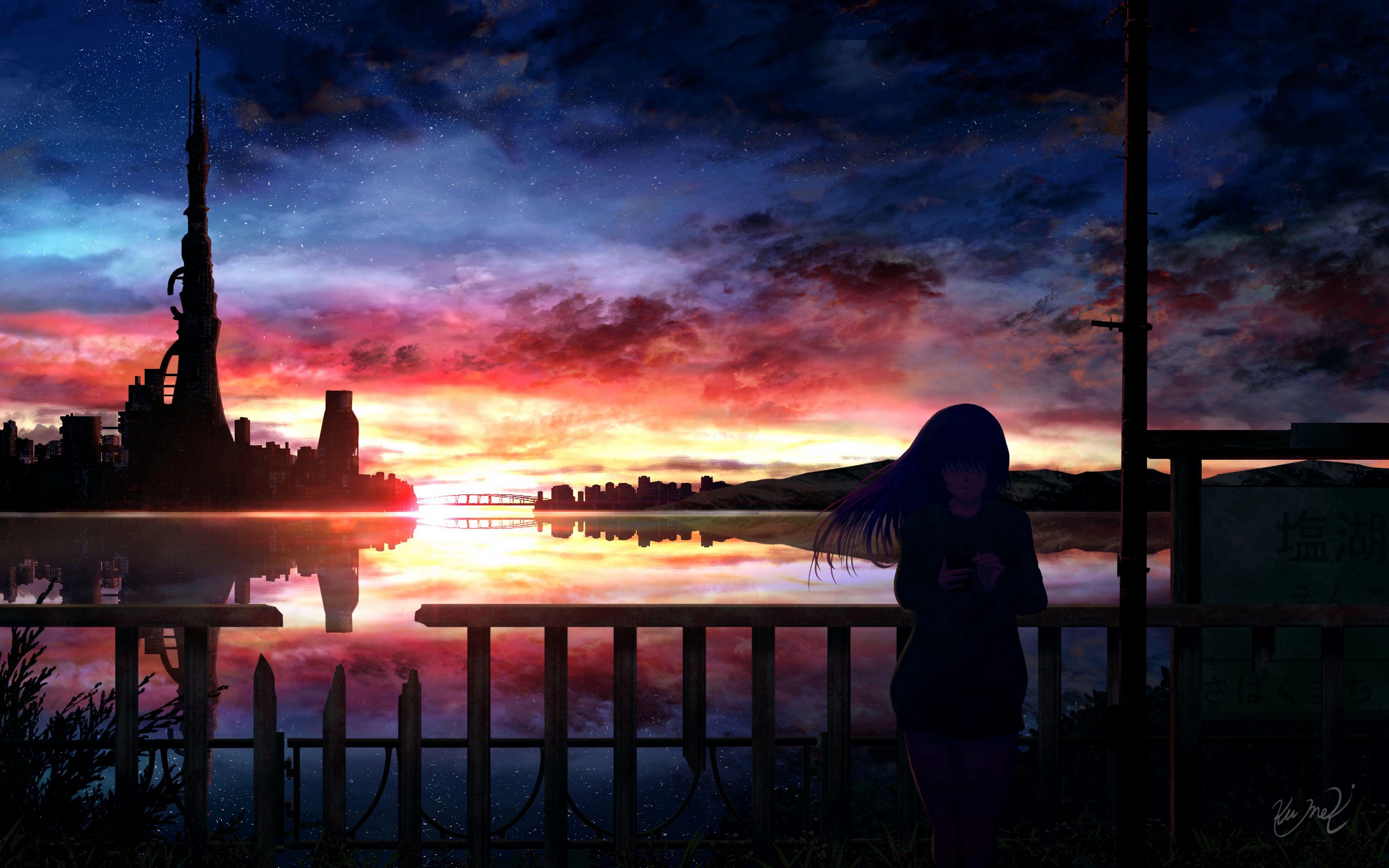 Девушка аниме идет по дороге ночью на фоне города, Красивое звездное небо,Сияющее  звездное небо,светящиеся звезды,4k манга обои - SeaArt AI