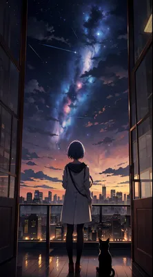 Аниме девушка смотрит на ночное небо за окном, Аниме девушка стоит на полу  и смотрит на город за окном с котенком，звездное небо，Метеор shower，Комета  ночью, Макото Синкай, На фоне городского пейзажа, （Метеор  shower，кометы），острый